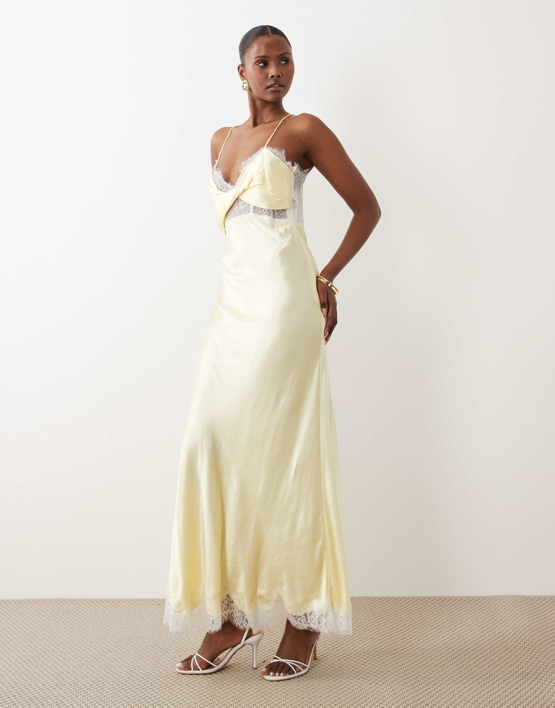 bardot taryn lace trim satin maxi dress with twist detail in canary yellow