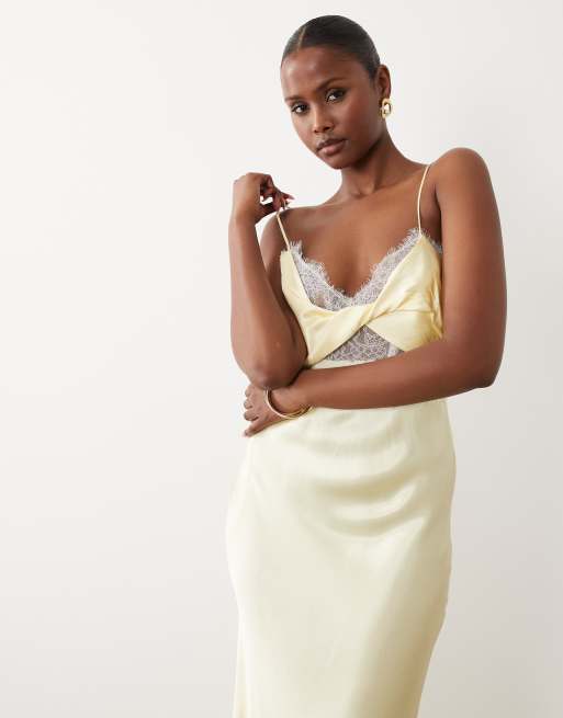 Bardot – Taryn – Satin-Maxikleid in Kanariengelb mit Spitzenbesatz und verdrehtem Detail, 2 von 4