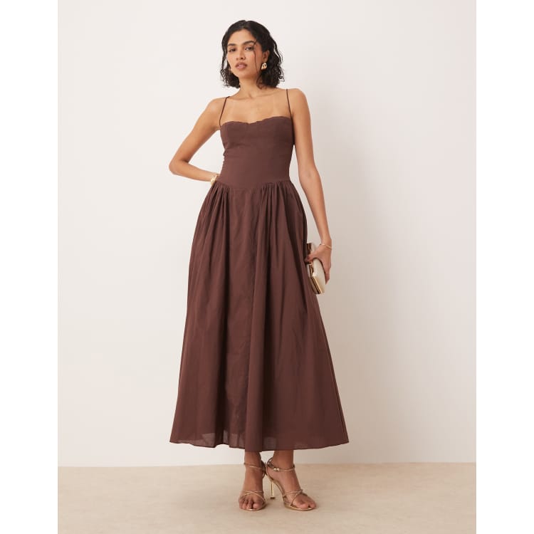 chocolate corset bardot draped midi dress Bardot tie back corset maxi dress in chocolate