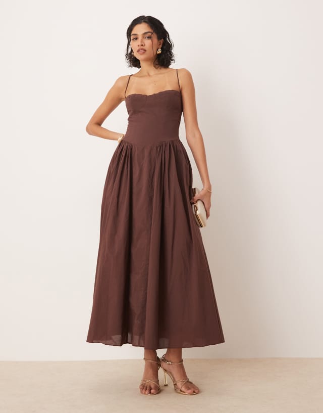 brown bardot dress tie back corset maxi in chocolate Sorena Self-Portrait Chiffon Lace Tiered Blazer Bust Size:40 Designed from a chocolate Womens dresses