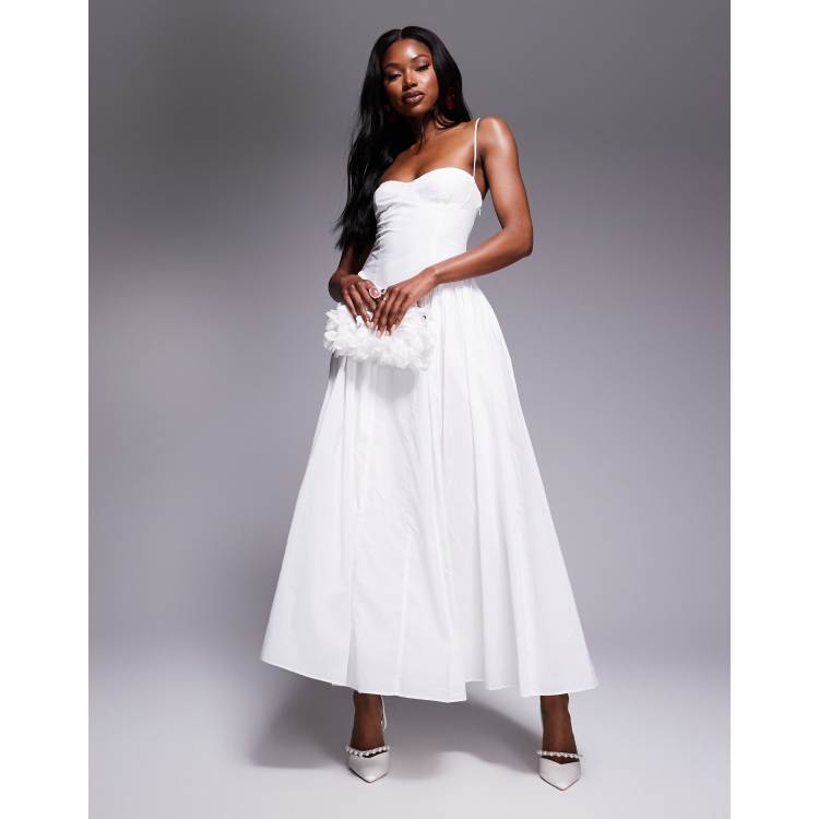 white dress corset top flowy bottom Bardot tie back maxi in drop:SS26 DROP 2