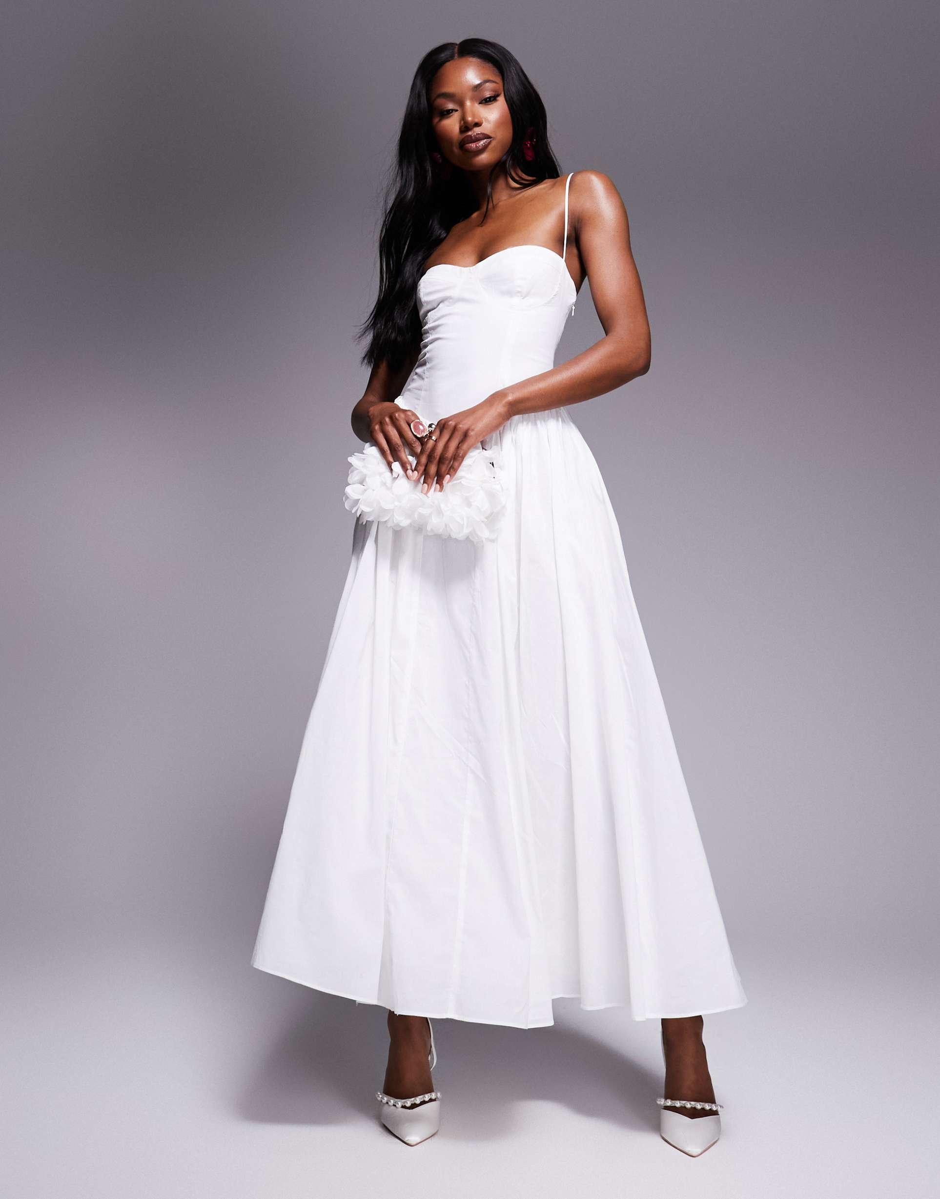 bardot tie back corset maxi dress in white