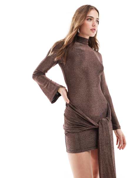 Bardot tie front mini dress in bronze - view 1