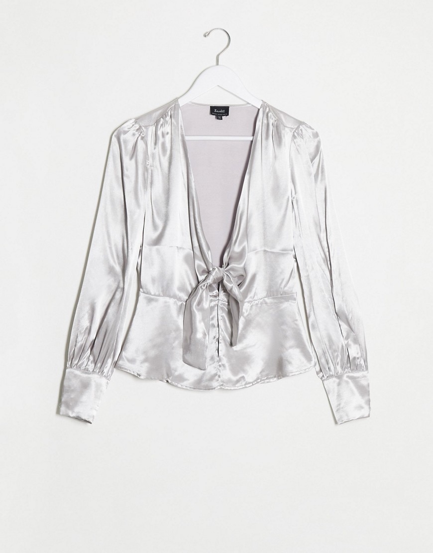 Bardot tie front satin blouse in silver-White