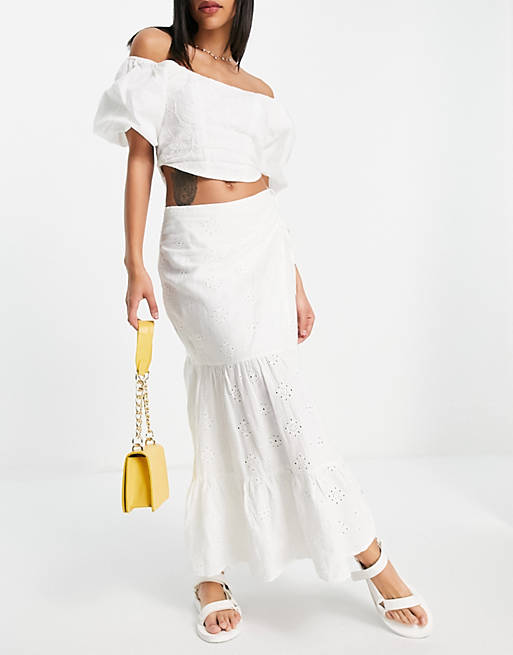 Bardot tiered broderie midaxi skirt co-ord in ivory