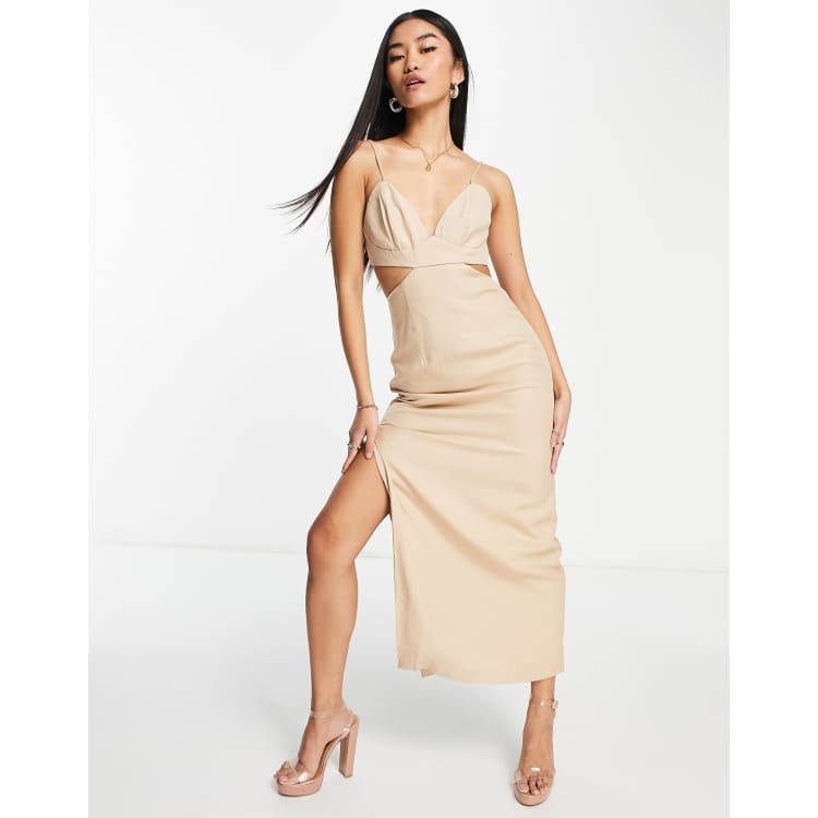 Bardot ultra cut out peekaboo midi dress with thigh split in bone | ASOS