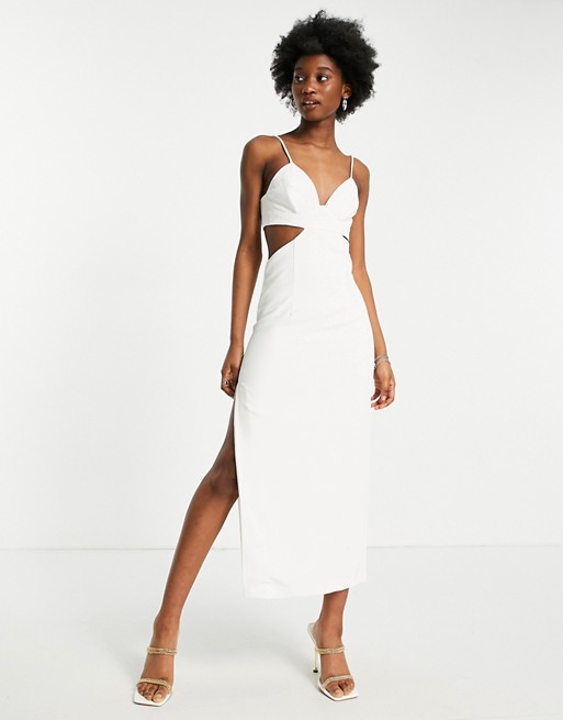 Bardot ultra cut out peekaboo midi dress with thigh split in white