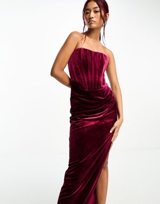 Shop Bardot Velour Midi Dress In Burgundy-red