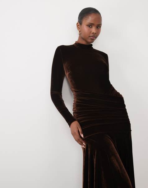 Bardot velvet high neck long sleeve ruched detail godet maxi dress in chocolate - view 1