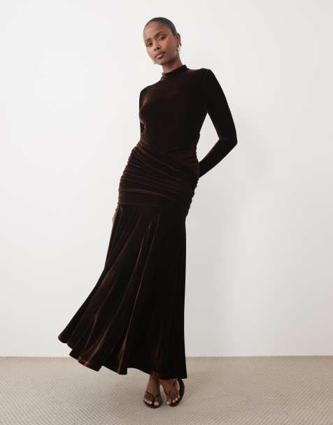Bardot velvet high neck long sleeve ruched detail godet maxi dress in chocolate
