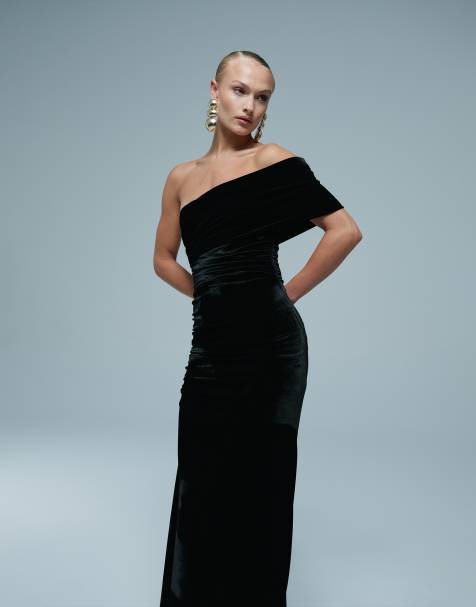 Bardot velvet one shoulder godet maxi dress in black