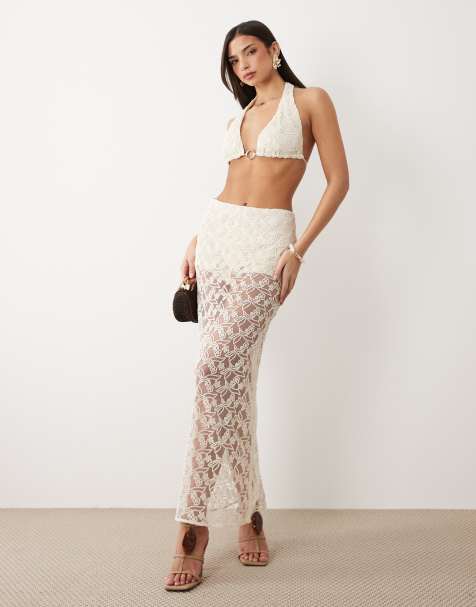 Bardot Venetia halter bralette and sheer midi skirt set in light beige - view 1