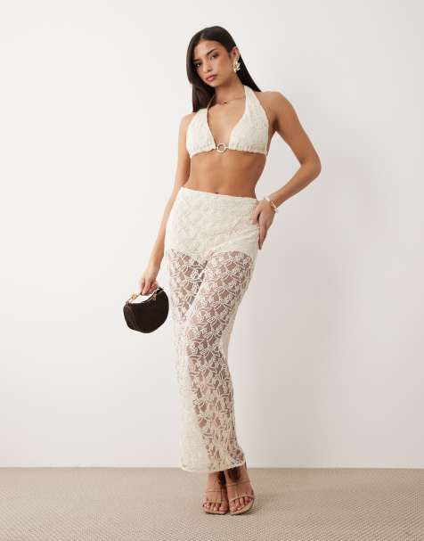Bardot Venetia sheer midi skirt co-ord in light beige - view 1