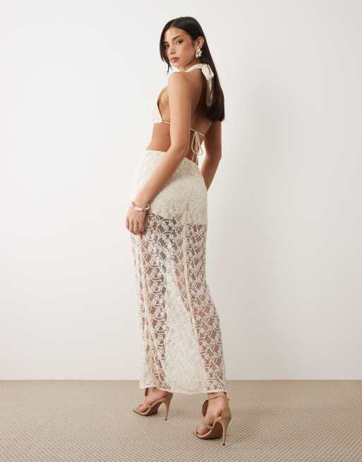 Bardot Venetia sheer midi skirt co-ord in light beige, 5 of 5