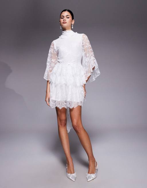 Bardot - Vestito corto accollato bianco in pizzo con sciarpa, 3 di 4