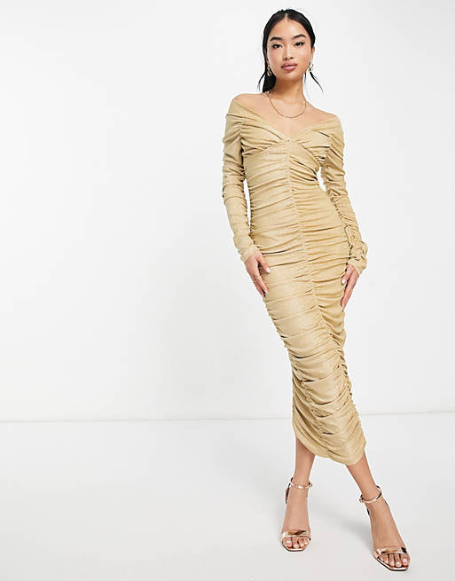 Bardot - Vestito corto arricciato con spalle scoperte in maglia metallizzata color oro