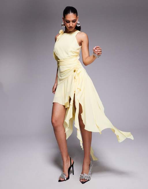 Bardot - Vestito corto color limone con volant e dettaglio a forma di fiore