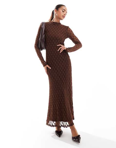 Bardot - Vestito lungo a maniche lunghe in pizzo cioccolato - view 1