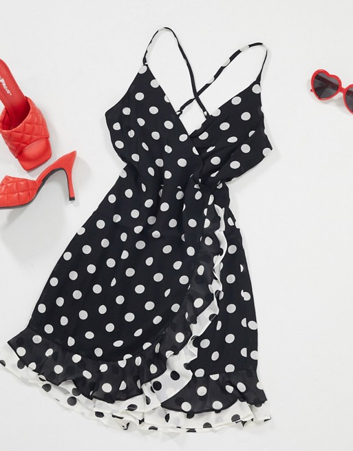 Bardot wrap mini dress with frill detail in black polkadot