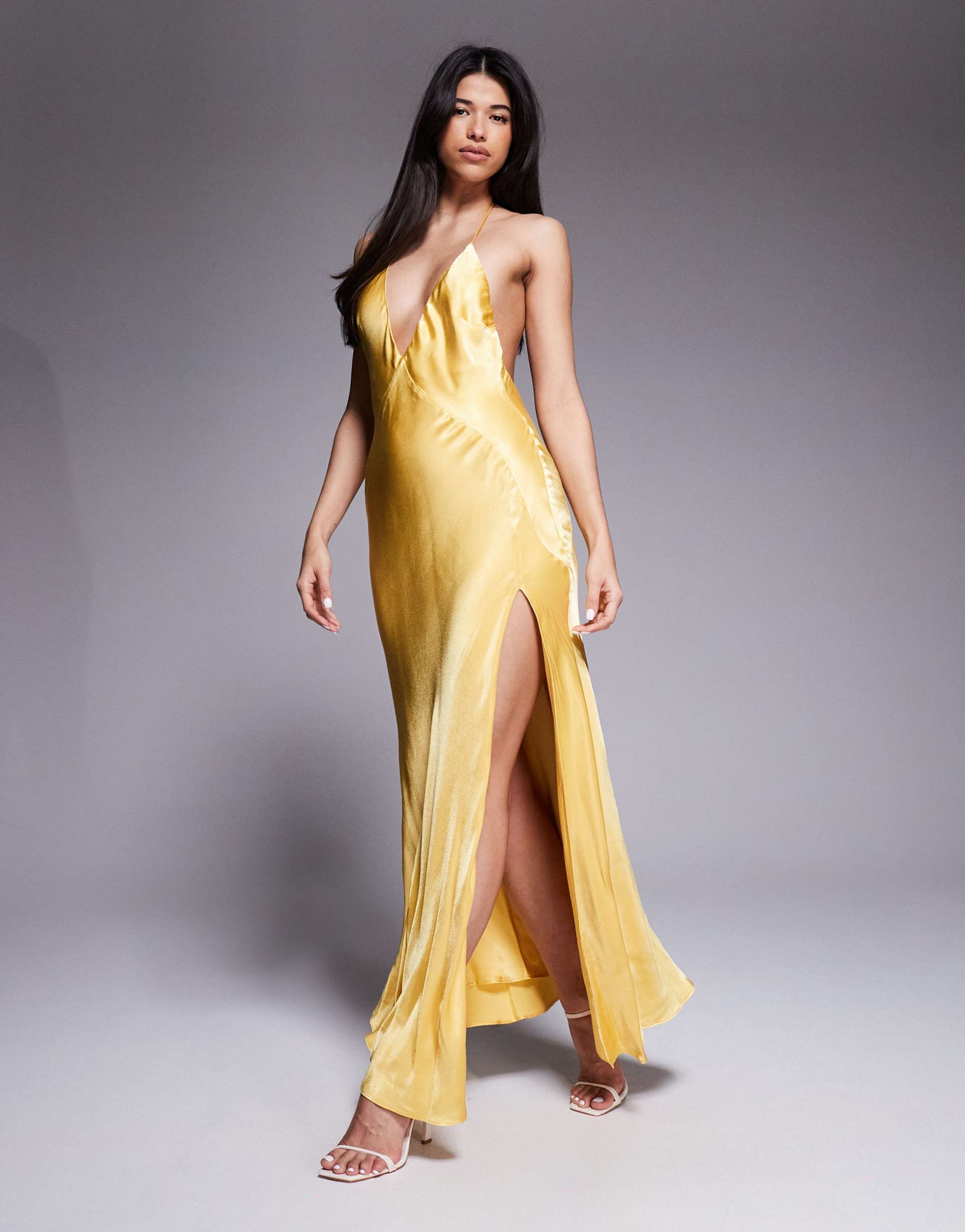 bardot yve satin plunge halter neck low back slit front midaxi dress in yellow