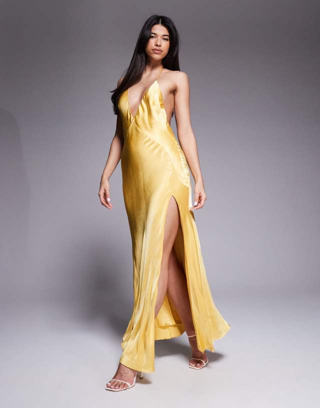 bardot yve v-neck halter open-back front-slit silky slip maxi dress satin plunge neck low back slit front midaxi in yellow Category: friends-and-family