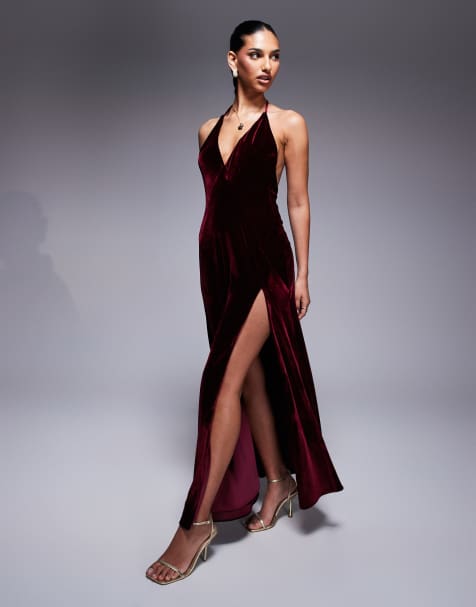 Bardot Yve velour halter dress in burgundy