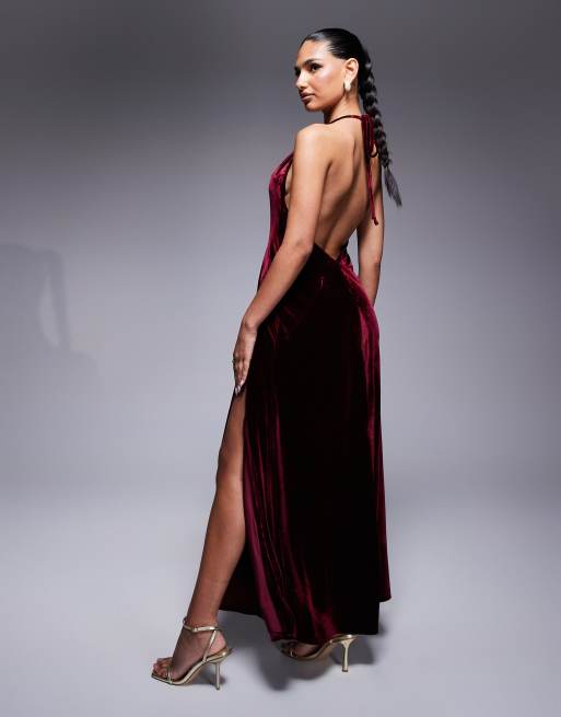 Bardot Yve velour halter dress in burgundy, 4 of 4