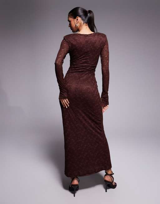 Bardot Zenia lace button trim v neck maxi dress in chocolate, 3 of 4