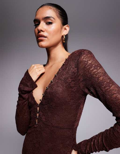 Bardot Zenia lace button trim v neck maxi dress in chocolate, 4 of 4