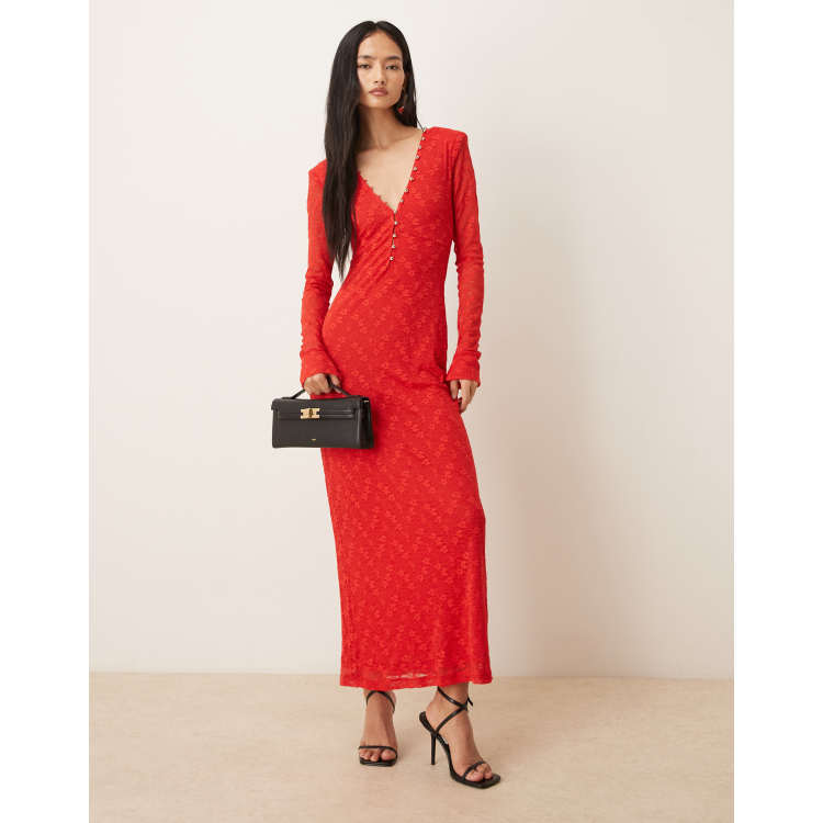 red bardot frill sleeve draped midi dress Red Bardot Frill Sleeve Draped Midi Dress