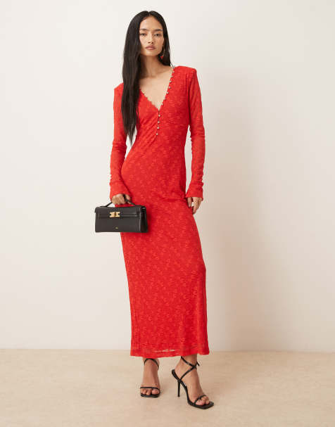 Bardot Zenia lace overlay plunge button detail long sleeve midi dress in red