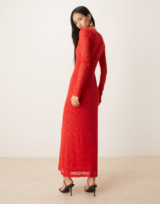 Bardot - Zenia - Vestito midi a maniche lunghe rosso con rivestimento in pizzo e scollo profondo con bottoni, 3 di 4