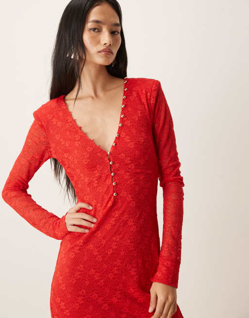 Bardot - Zenia - Vestito midi a maniche lunghe rosso con rivestimento in pizzo e scollo profondo con bottoni, 4 di 4