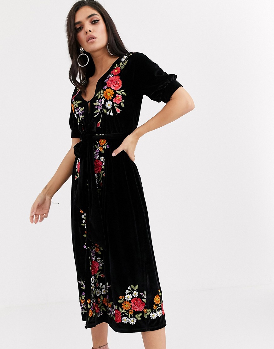 фото Бархатное чайное платье миди с вышивкой asos design-черный