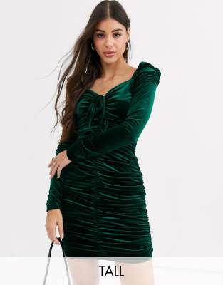 Бархатное облегающее платье мини со сборками Glamorous Tall-Зеленый