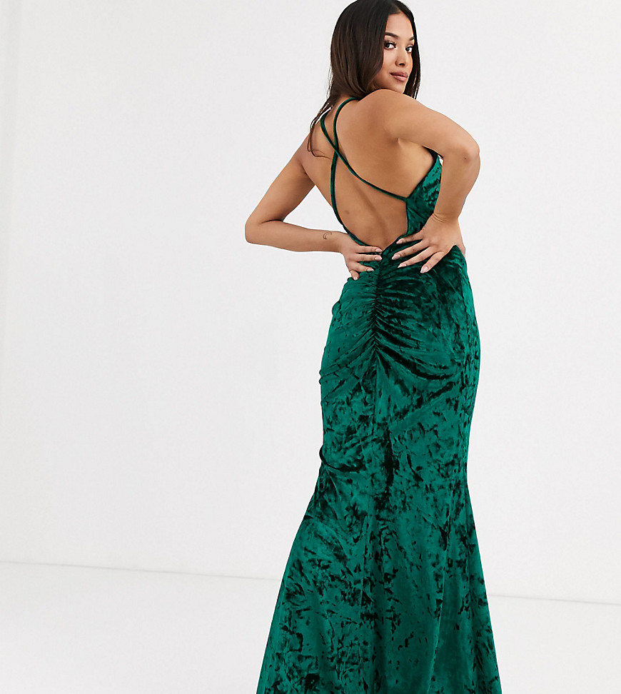 фото Бархатное платье макси с высоким воротом и перекрестной спиной flounce london petite-зеленый