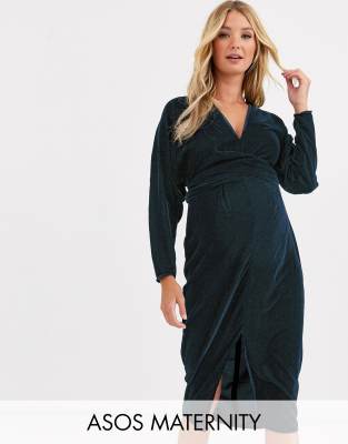 фото Бархатное платье миди с рукавами \"летучая мышь\" и запахом asos design maternity-темно-синий asos maternity