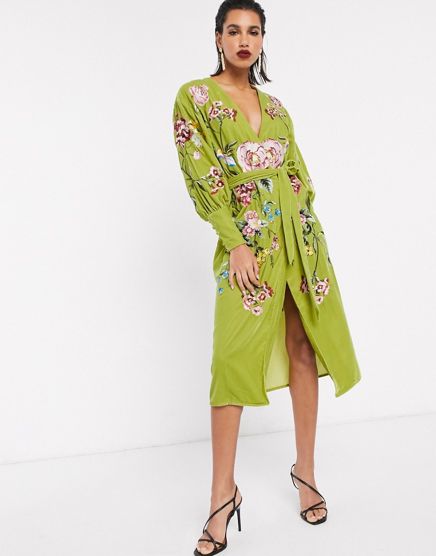фото Бархатное платье миди с запахом и вышивкой asos edition-зеленый