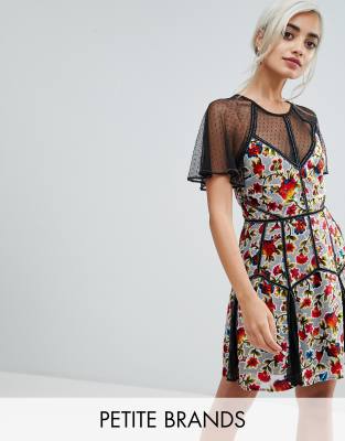 фото Бархатное платье мини с цветочным принтом и сеткой в горошек frock and frill petite-мульти