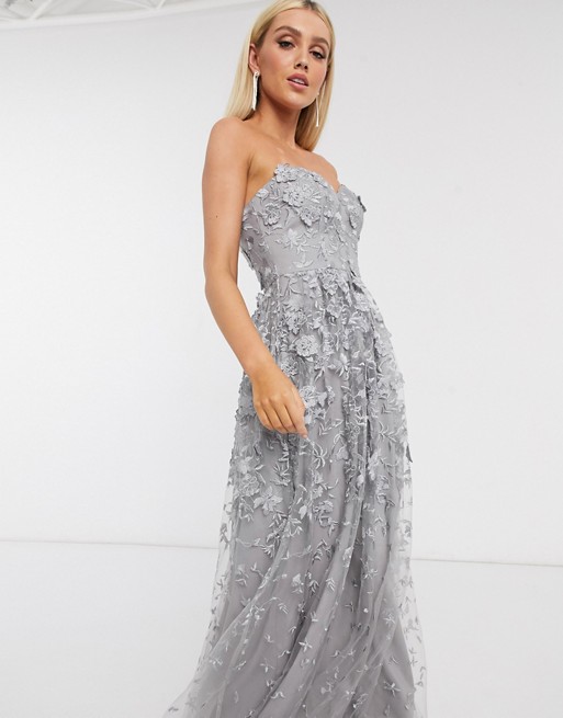Bariano 3d floral gown dress in grey