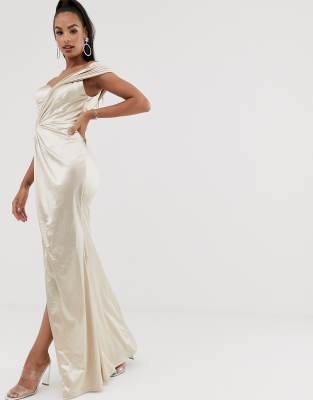 Bariano Asymmetric Liquid Draped Gown In Gold Asos