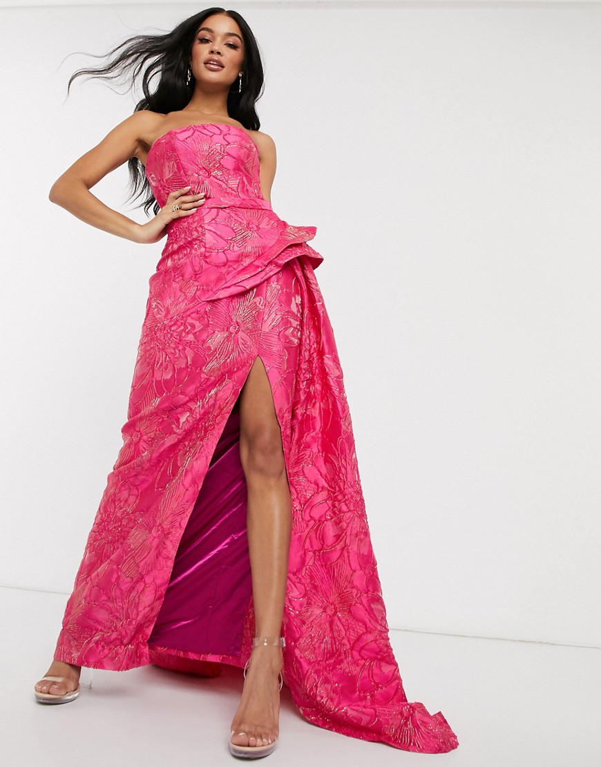Bariano bandeau prom dress with thigh split in pink jacquard print
