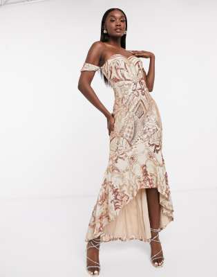 Bariano Bardot High Low Patterned Sequin Maxi Dress In Rose Gold ModeSens