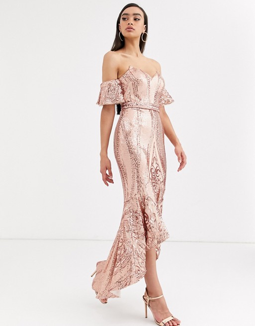 Bariano bardot midi sequin dress with dip hem in rose gold