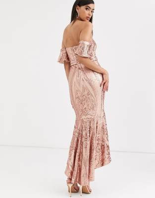 rose gold bardot dress