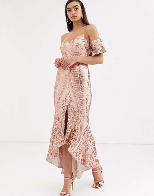 Bariano bardot midi sequin dress with dip hem in rose gold