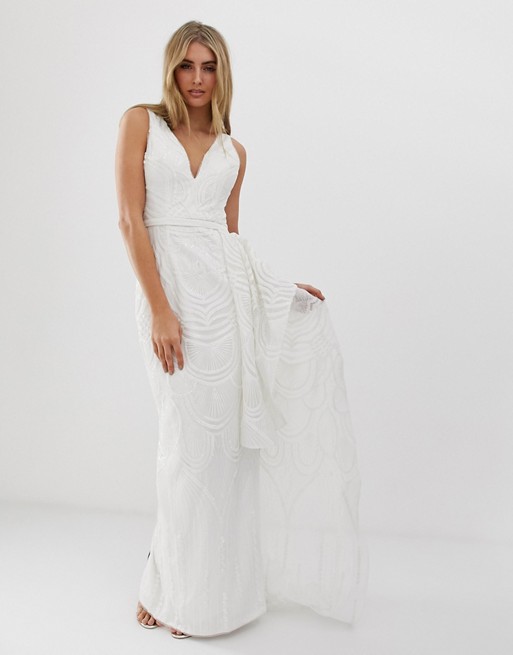 Bariano bridal sequin maxi dress with detachable skirt in white