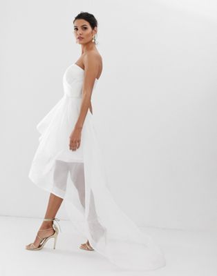 Bariano - Bruiloft - Lange bandeau-jurk van organza met ongelijke zoom in wit
