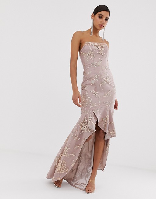 Bariano cowl neck bandeau embellished sequin gown in pink