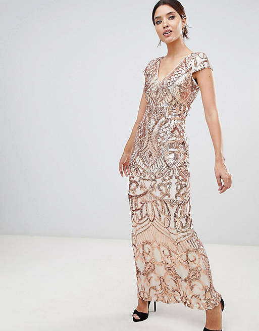 Bariano embellished maxi dress with cap sleeve in rose gold